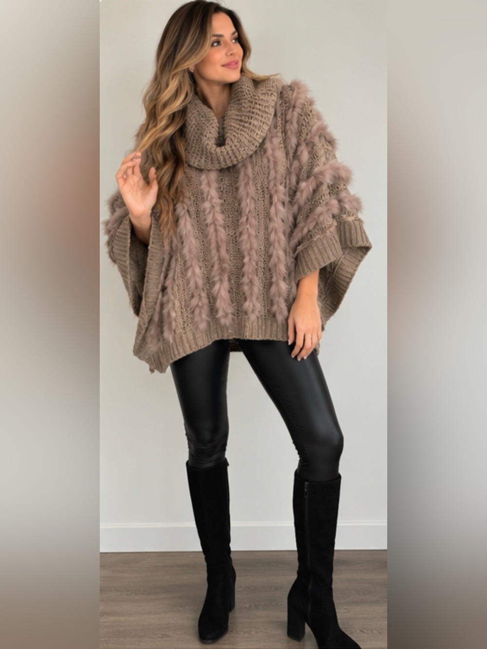 NWT Dolce Cabo Real Rabbit Fur Knit Poncho L/XL